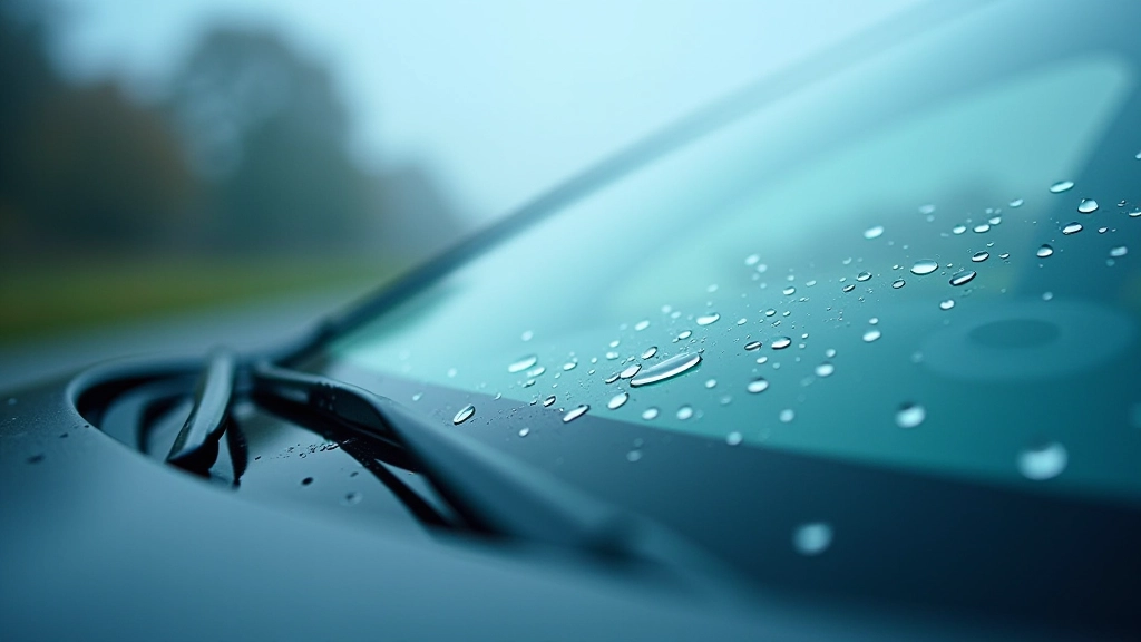 Close-up of windscreen with water droplets, showing repair area protected, natural outdoor lighting