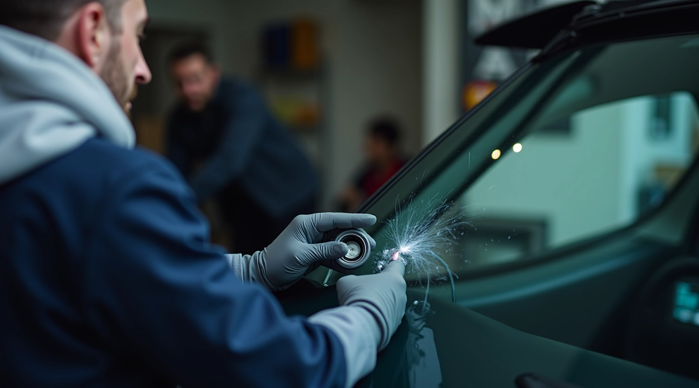 Mobile technician performing windscreen repair at customer location with professional equipment