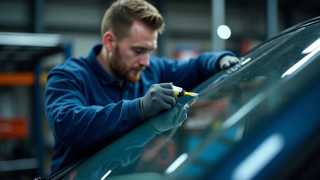 Close-up of mobile technician applying windscreen sealant and adhesive during installation process